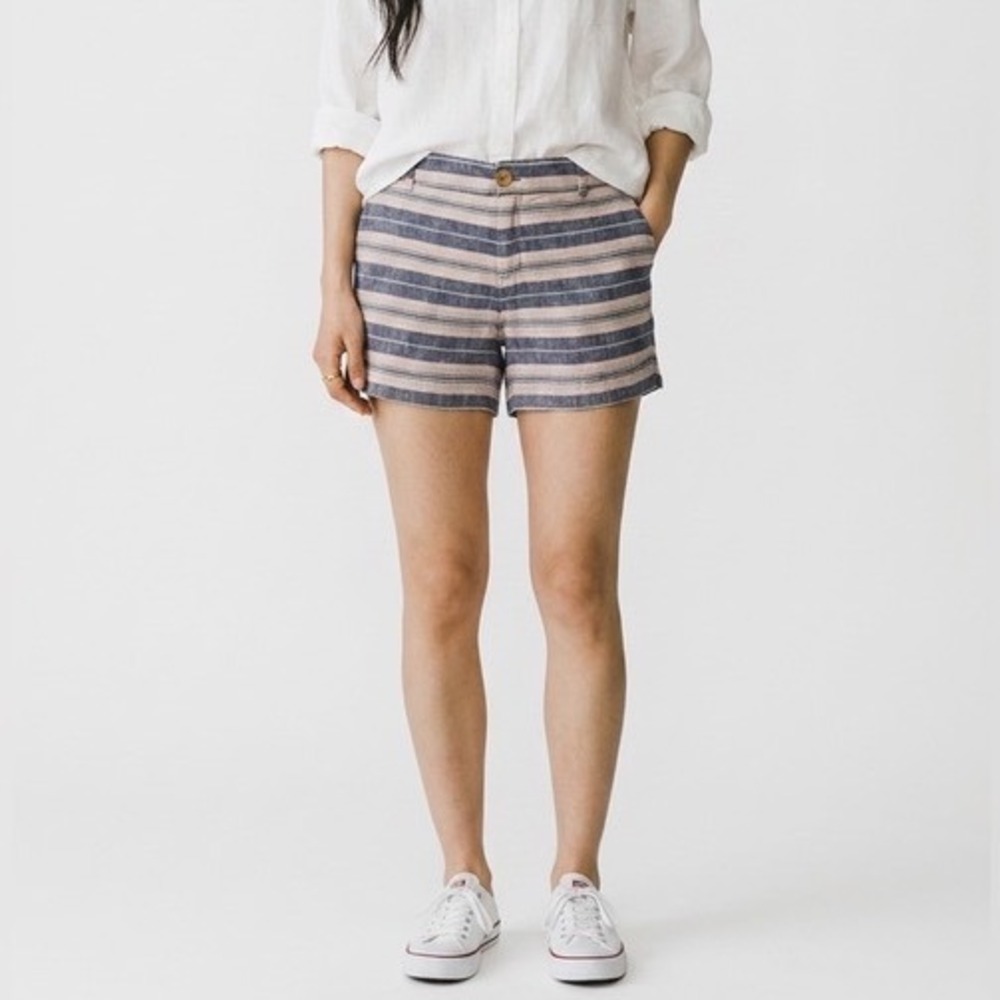 British Khaki Women's Blue Cream Striped‎ Linen Shorts Size 10 Pockets EUC